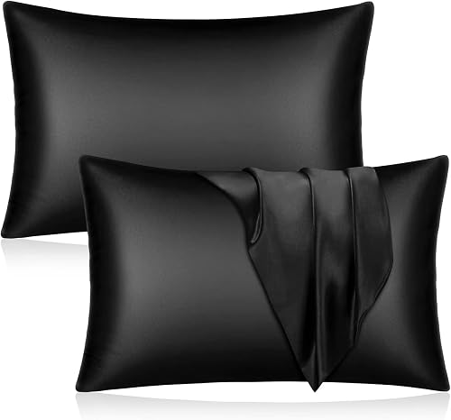 Sulfar Satin Silk Pillowcase Pair for Hair and Skin, Soft Breathable Both-Sided Silk Pillow Covers, Standard Size 50 x 75 cm, Set of 2, Black