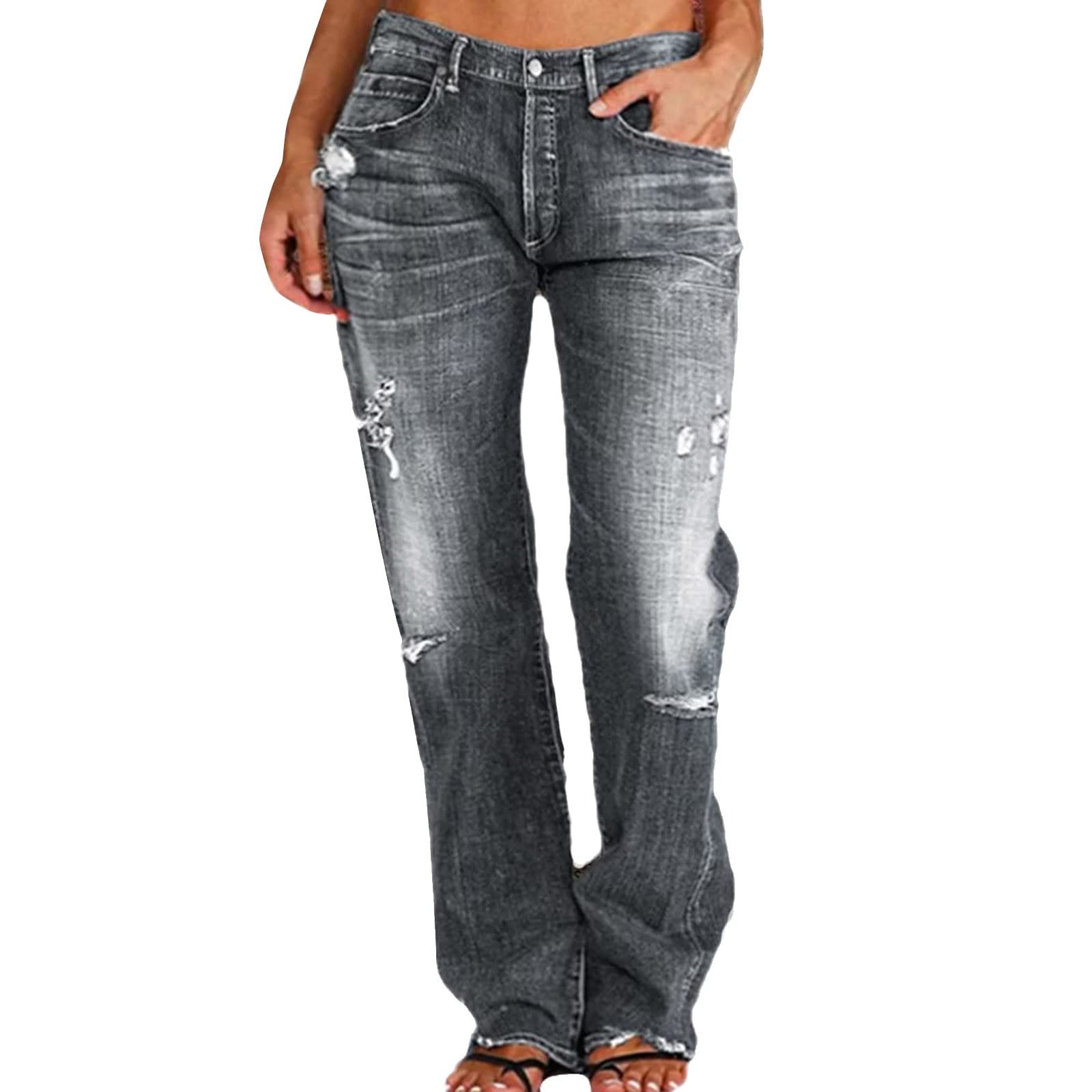 Pantalones vaqueros con agujeros transpirables y pernera recta holgada para mujer 8