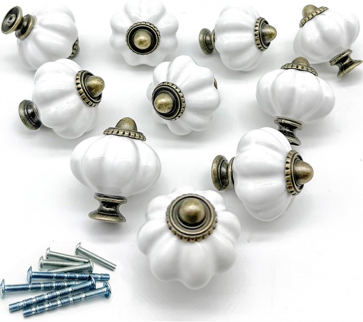 Pumpkin Ceramic Knobs - White Pumpkin Porcelain Handles, 10Pcs Round Cabinet Knobs, White Ceramic Drawer Knobs