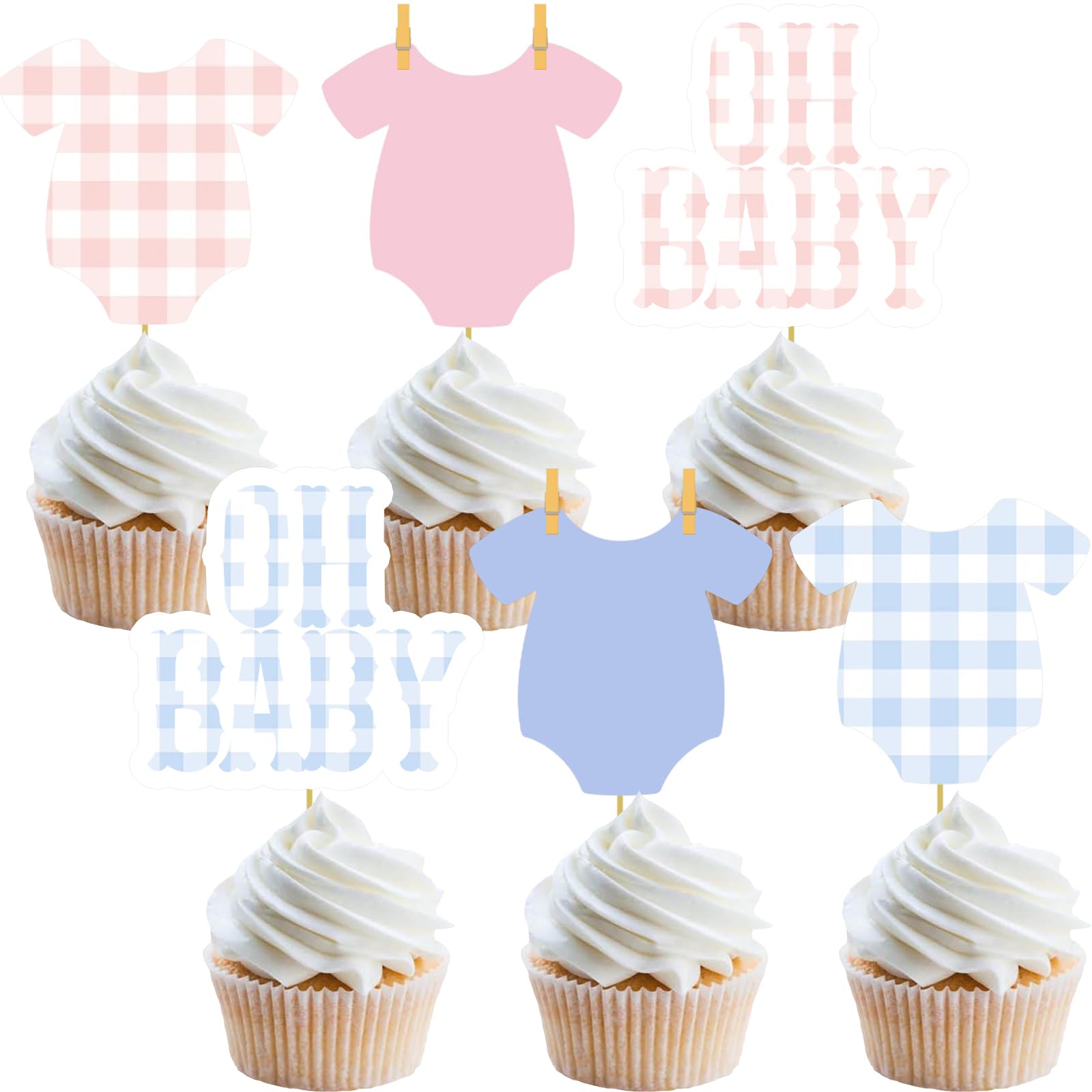 Gingham Boy Or Girl Cupcake Topper Gender Reveal Baby Shower Decoration Plaid Party Ideas 36 Pcs Blue Pink