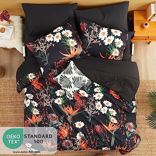 CASAAGUSTO King Size Comforter Set, 7 PCS Black Shore Floral Comforter Set with Flowers Leaves Pattern, Soft All Season King Bedding Set (102"X90")
