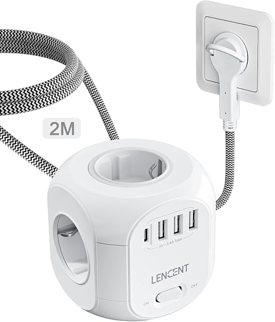 LENCENT Listwa zasilająca z 4 gniazdami wtykowymi, płaska kostka, 8 w 1, kostka, listwa zasilająca z 3 USB, 1 wtyczka typu C, z plecionym kablem 2M, do gniazdka ściennego