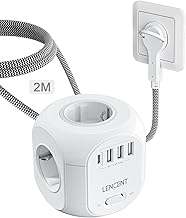 LENCENT 4-Way Socket Strip, Flat Plug, Socket Cube, 8-in-1 Power Strip, with 3 USB A and 1 USB C Port, 2-Metre Braided Cable, for Wall Socket