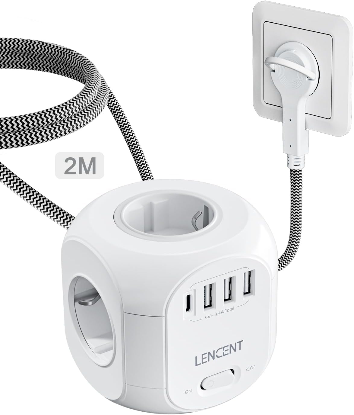 LENCENT 4 Fach Steckdosenleiste Flachstecker Steckdosenwürfel Mehrfachsteckdose 8 in 1 Cube Steckdose Steckerleiste mit 3 USB&1 Typ-C, Mehrfachstecker mit 2 Meter Geflochtenem Kabel für Wandsteckdose