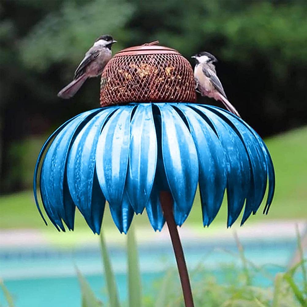 Qcwwy Piquets de Fleurs en Métal, Mangeoire à Oiseaux Bleue pour Jardin Extérieur, Plateau de Graines d'oiseaux en Métal avec Conception Pliable Facile et Piquet de Fleurs (Blue)