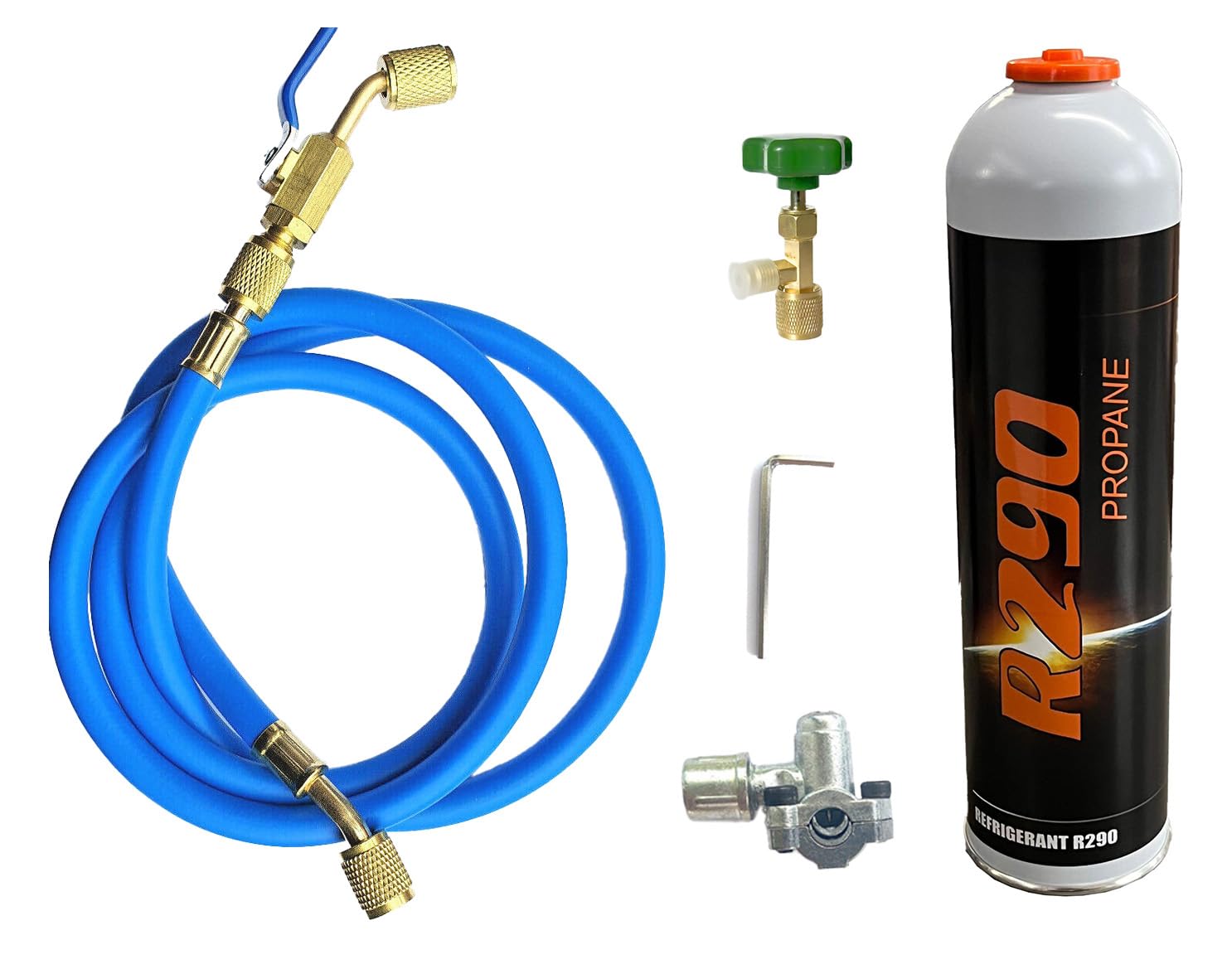 Reparaturset Füllset R290 Gasdose 370g + Ventil + Füllschlauch + Einstechventil BPV-31 für Klimaanlage, Wärmepumpe, Kühlschrank