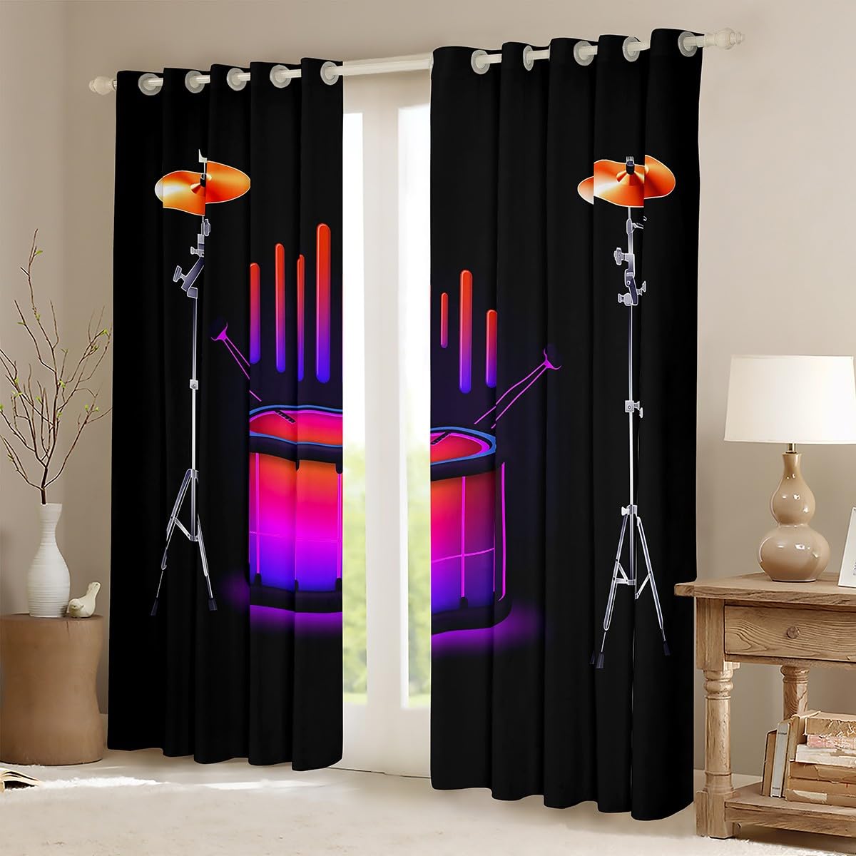 Homewish Rideau Occultant 117x137 cm Kit de Tambour de Néon,Rideau Instruments de Musique Abstraits,Rideaux Voilage Enfants Garçons Adolescents Adultes La Musique Pop Musique Rock Moderne