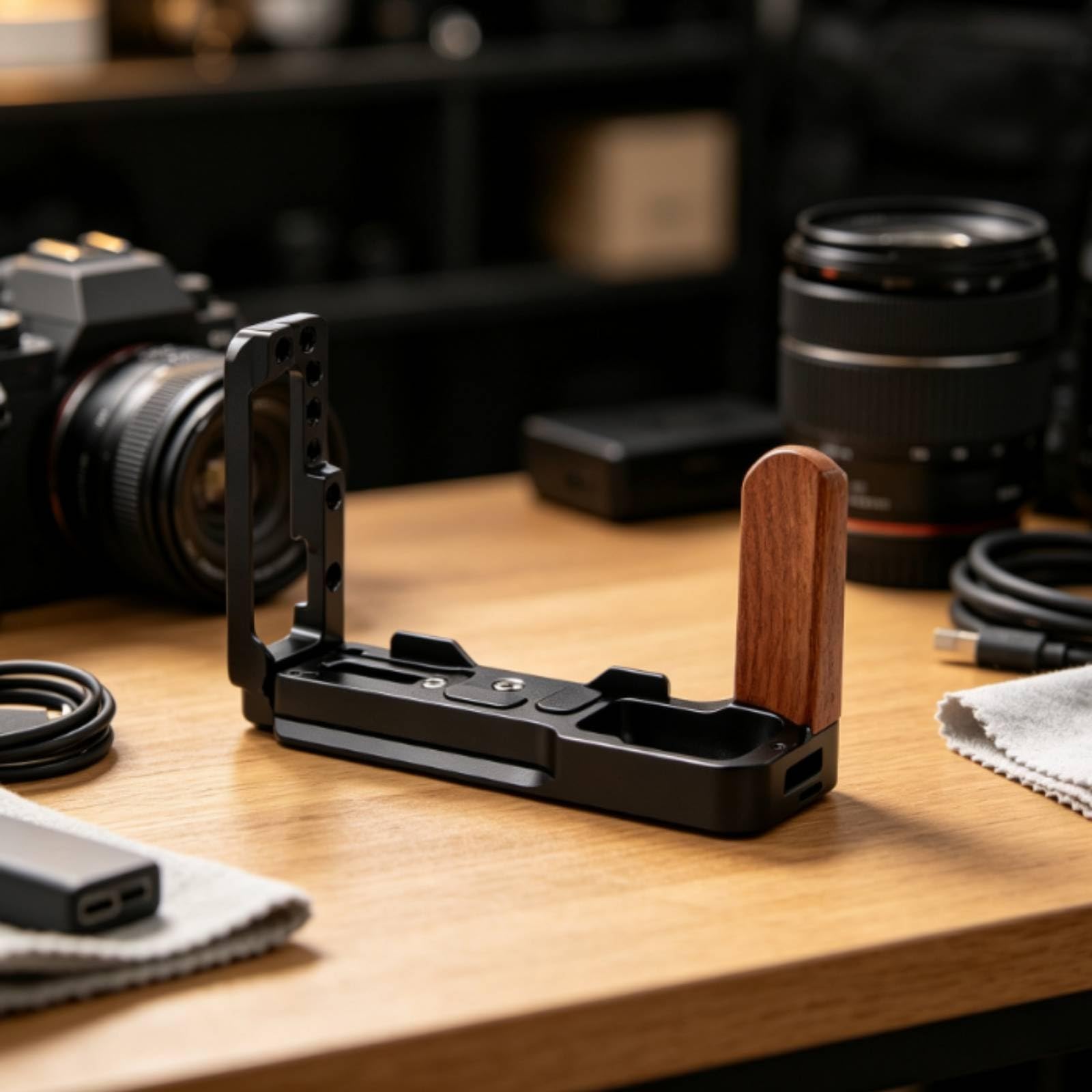 Camera Grip Impugnatura L Piastra a Sgancio Rapido Staffa Alluminio con Fori Regolazioni Flessibili Presa Ergonomica per Riprese Stabili Adatto a , Manico In Legno Di Pero