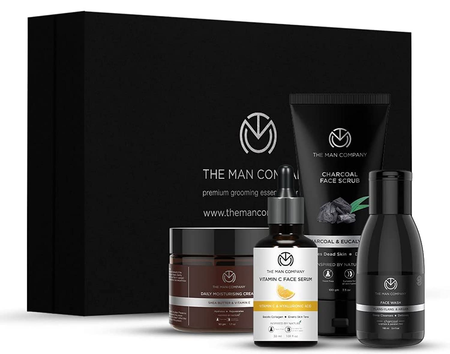 The Man Company Face in Point Facial Kit with Vitamin C Serum, Charcoal Face Wash & Face Scrub, daily Moisturizing Cream | Soft & Supple Skin | Gift Set for Him