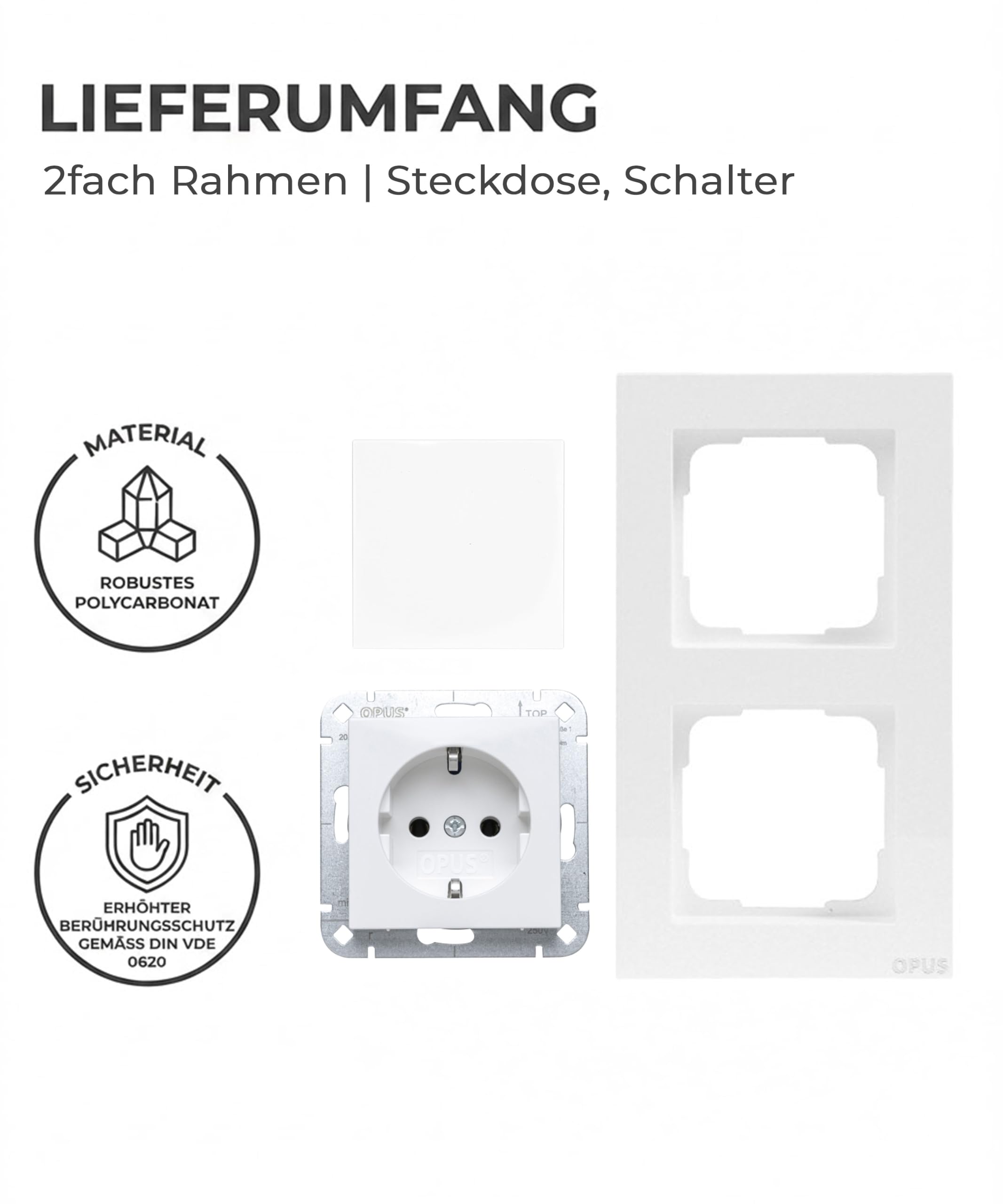 JÄGER OPUS KUBUS 1x Schuko Steckdose und 1x Universalschalter Aus/Wechsel mit Wippe und 2-fach Rahmen, erhöhter Berührungsschutz, 250 V 16 A und 10 A, 55 mm System, Unterputz, Polarweiß matt