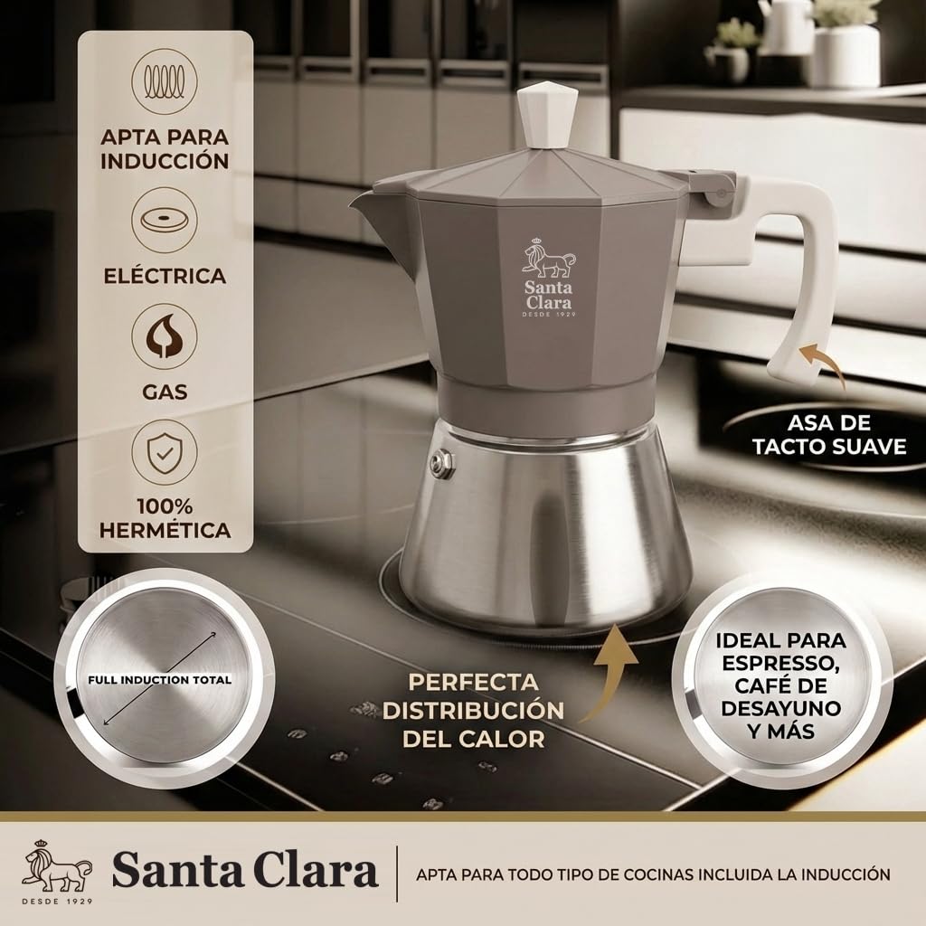 INDE SANTA CLARA | Cafetera Italiana Moka Nordkitch 3 Tazas 150 ml, Cuerpo de Aluminio y Base de Acero Inoxidable, Apta para Inducción y Todo Tipo de Fuegos, Asa Soft Touch — view 2