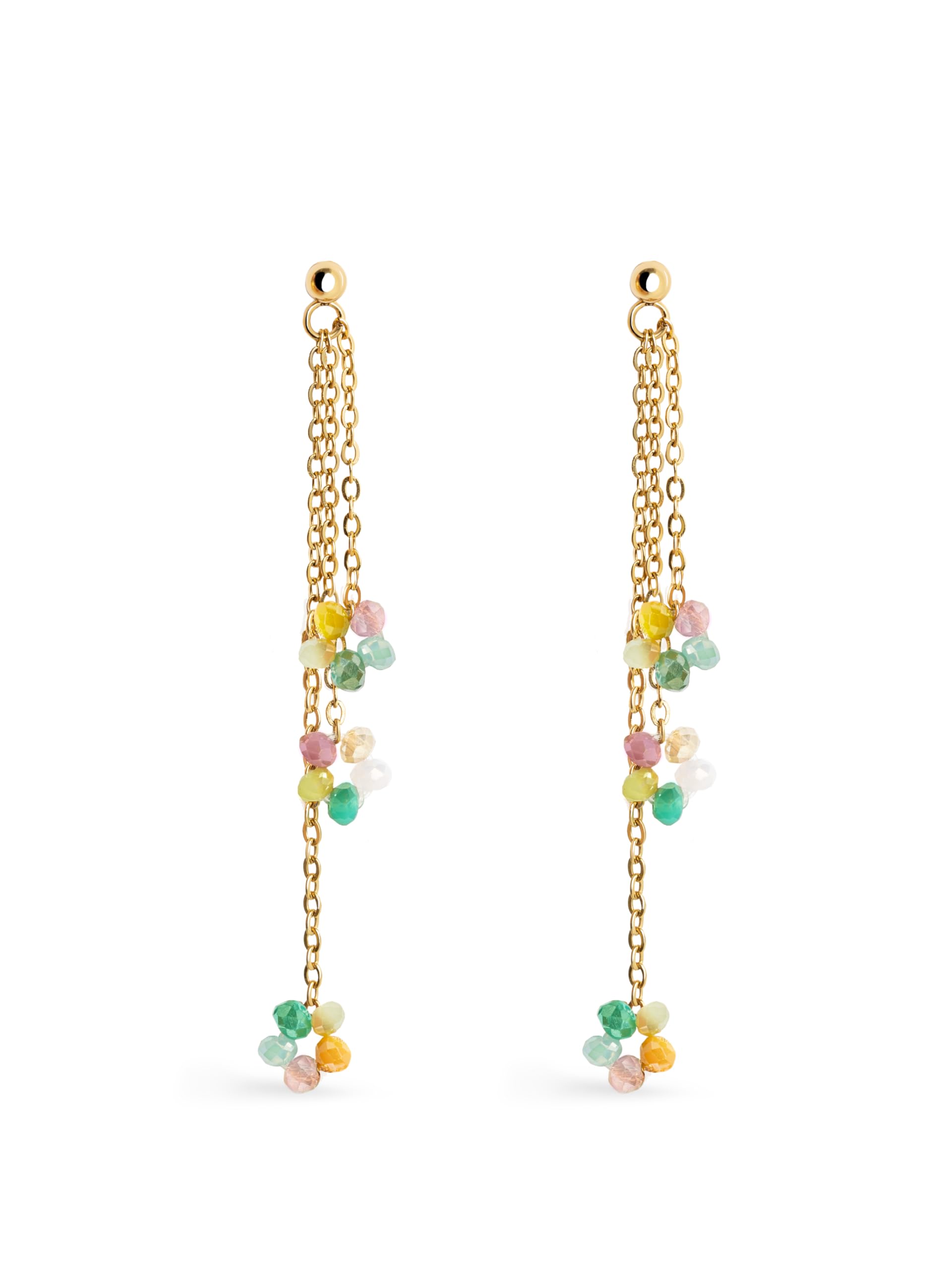 SINGULARU Pendientes Triple Candy - Pendientes en Acero con Acabado en Baño Oro de 18Kt - Pendientes Largos con Motivos Cristales de Colores - Tuerca a presión - Joyas Para Mujer