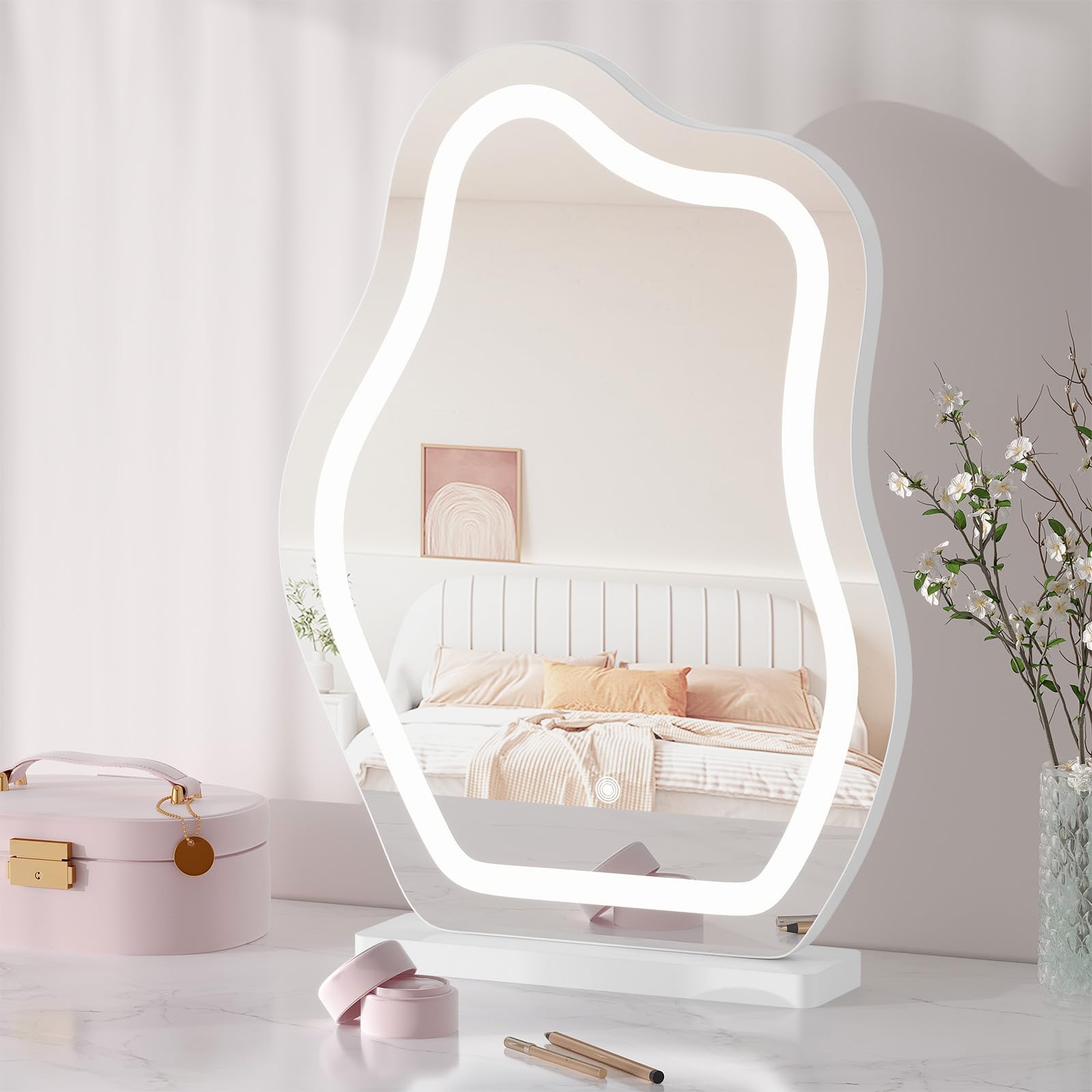 WOLTU Miroir Coiffeuse LED, 3 Niveaux d'Éclairage + Luminosité Réglable, Miroir Irrégulier en Forme de Nuage, 40x54 cm, MB6121ws