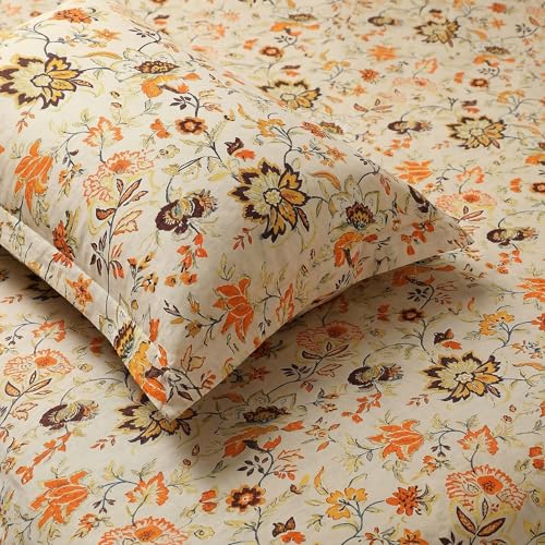 Image of Mafatlal Saanjh 144 TC Cotton Single Bed Sheet 90x60 Inch | Beige Printed Single Bedsheet | Soft Comfortable Fabric | Jaipuri Collection with Pillow Cover | Satin Beige