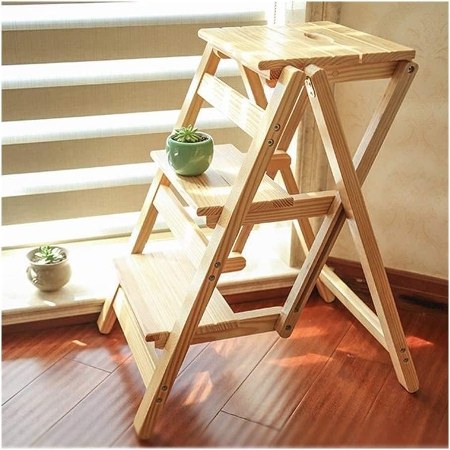 OKUOKA Wooden Step Stool Foldable Stepladders Multifunction Household Ladder, Max. 150 KG -J09P (Color : White(2 Steps))