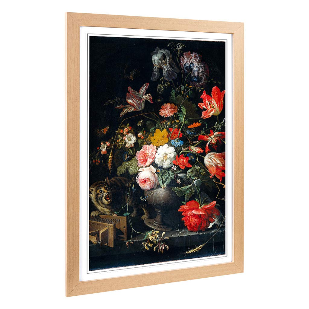 Big Box Art Framed Print of Abraham Mignon Flowers Cat Design | Wall Art Picture | Home Decor for Kitchen, Living, Dining Room, Bedroom, Hallway, Office, Oak, A2 / 24.5x18 Inch / 62x45cm