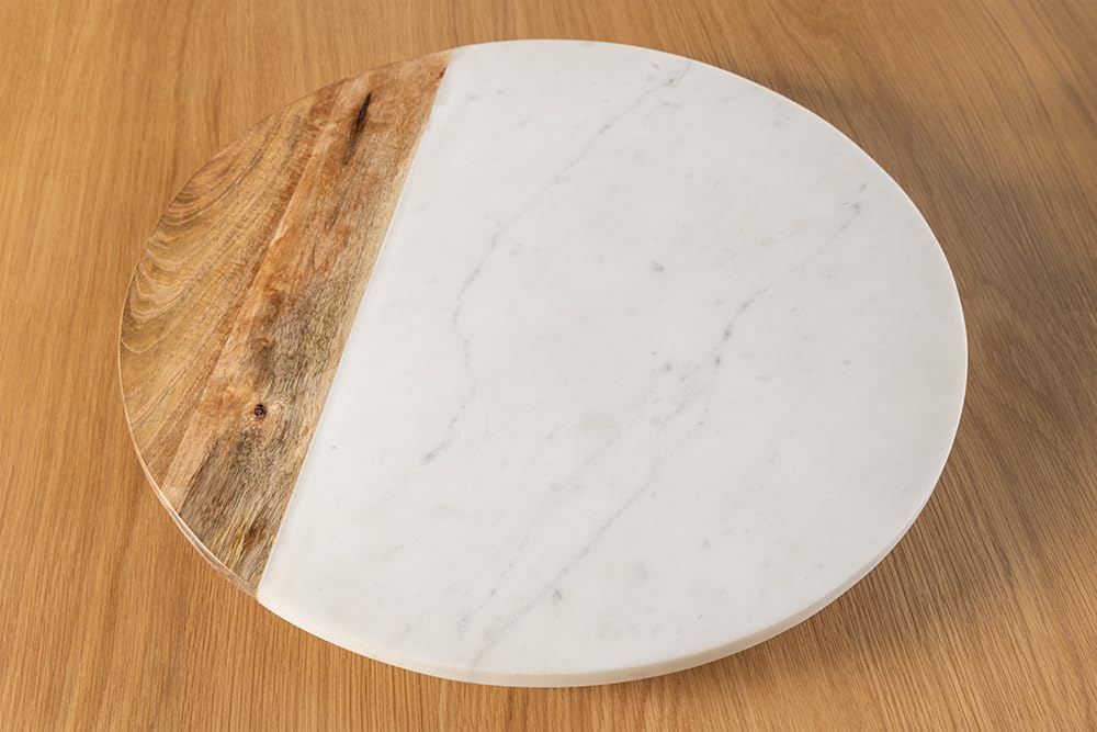 Drehteller Servant 50cm - weiß Natur - Mangoholz Marmor handgefertigt | Massiv, Unikat, montiert geliefert, pflegeleichte Oberfläche, Maserung, Holzmerkmale, Servierteller, Platte