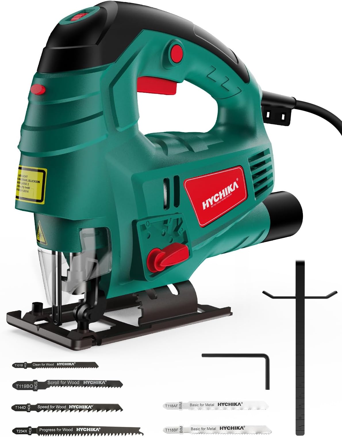 HYCHIKA Jigsaw, 800W Max Cutting Depth 110mm for Wood, 800-3000SPM Electric Jigsaw with Laser, 7 Variable Speeds, 0-3 Orbital Sets, Bevel Cutting: -45 ° to 45, 6 Blades