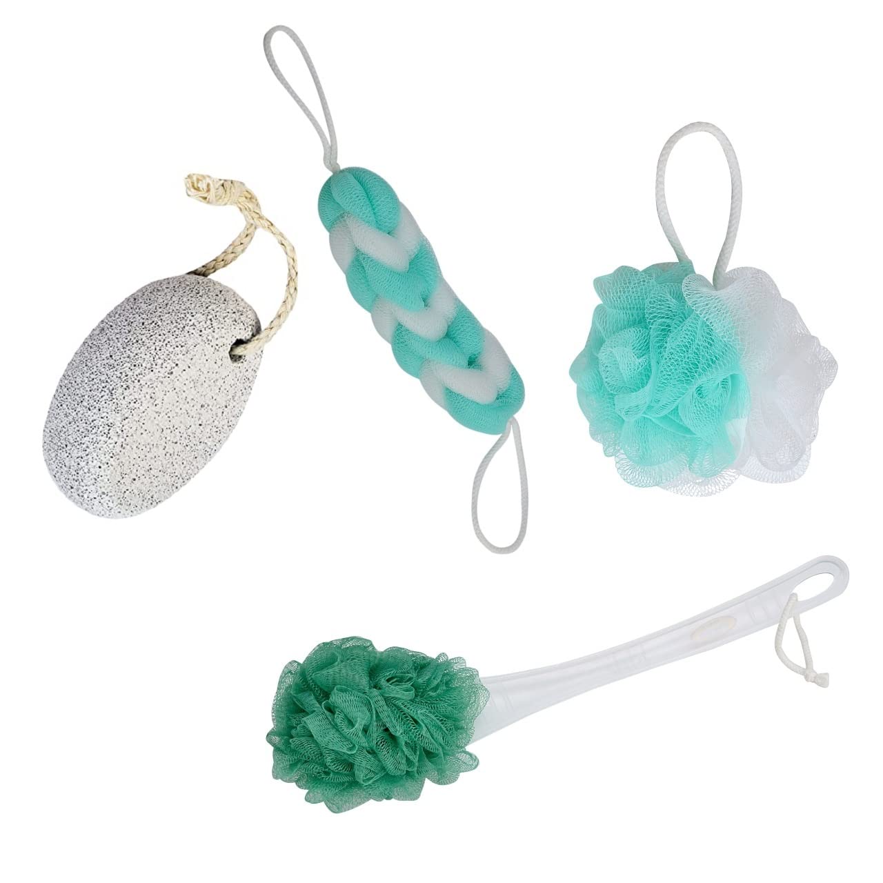Runa Blue Wash Combo Pack: 4pc Loofah Set - Round Loofah, Pumice Stone Foot Scrubber, Stretchable Back Sponge, Long-Handled Back Loofah (Green)-image-8