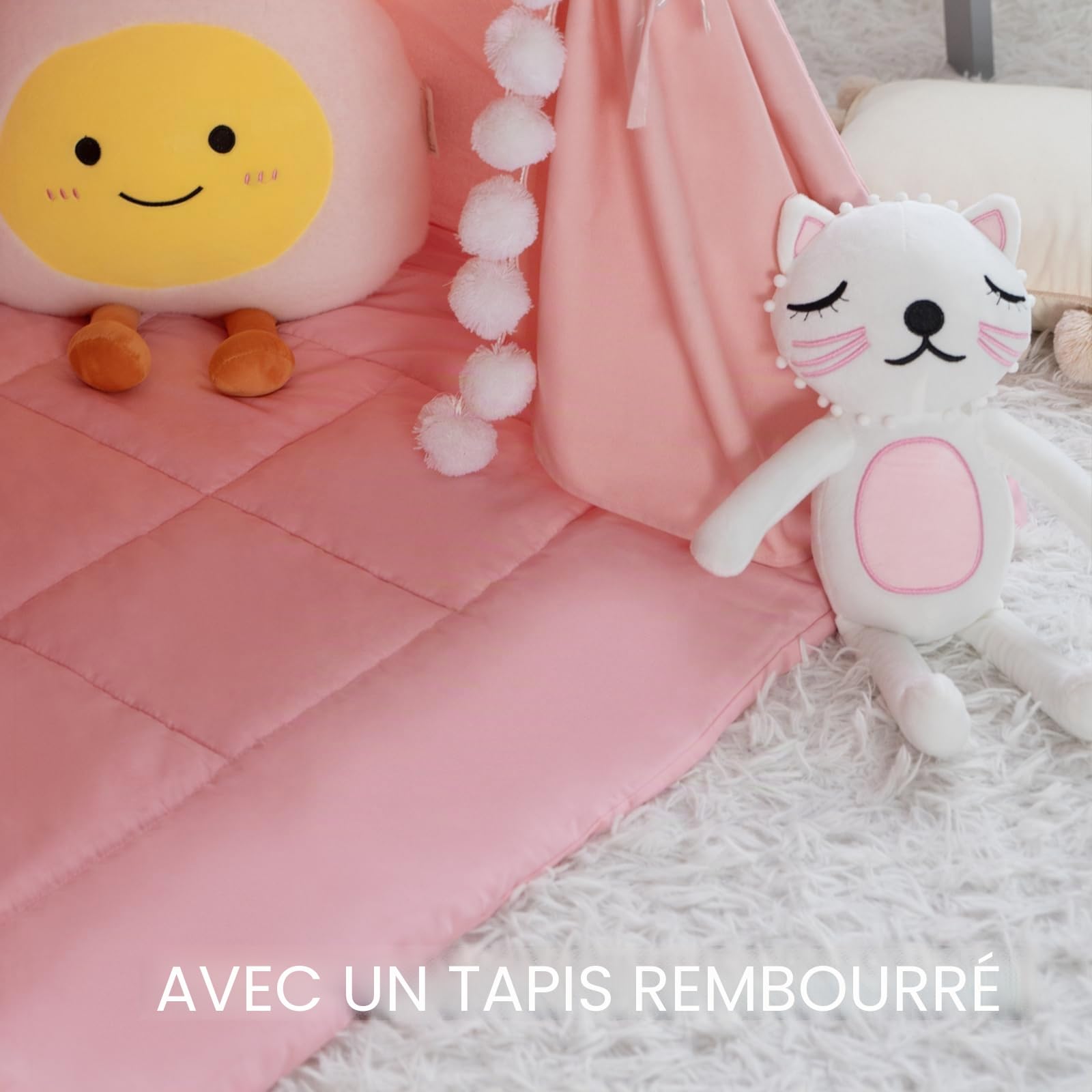 WIRHAO Tente tipi pour enfants avec tapis rembourré en toile de coton avec pompon pour tout-petits, tente de jeu d'intérieur pour filles et garçons avec lumières étoilées, sac de transport, fanion