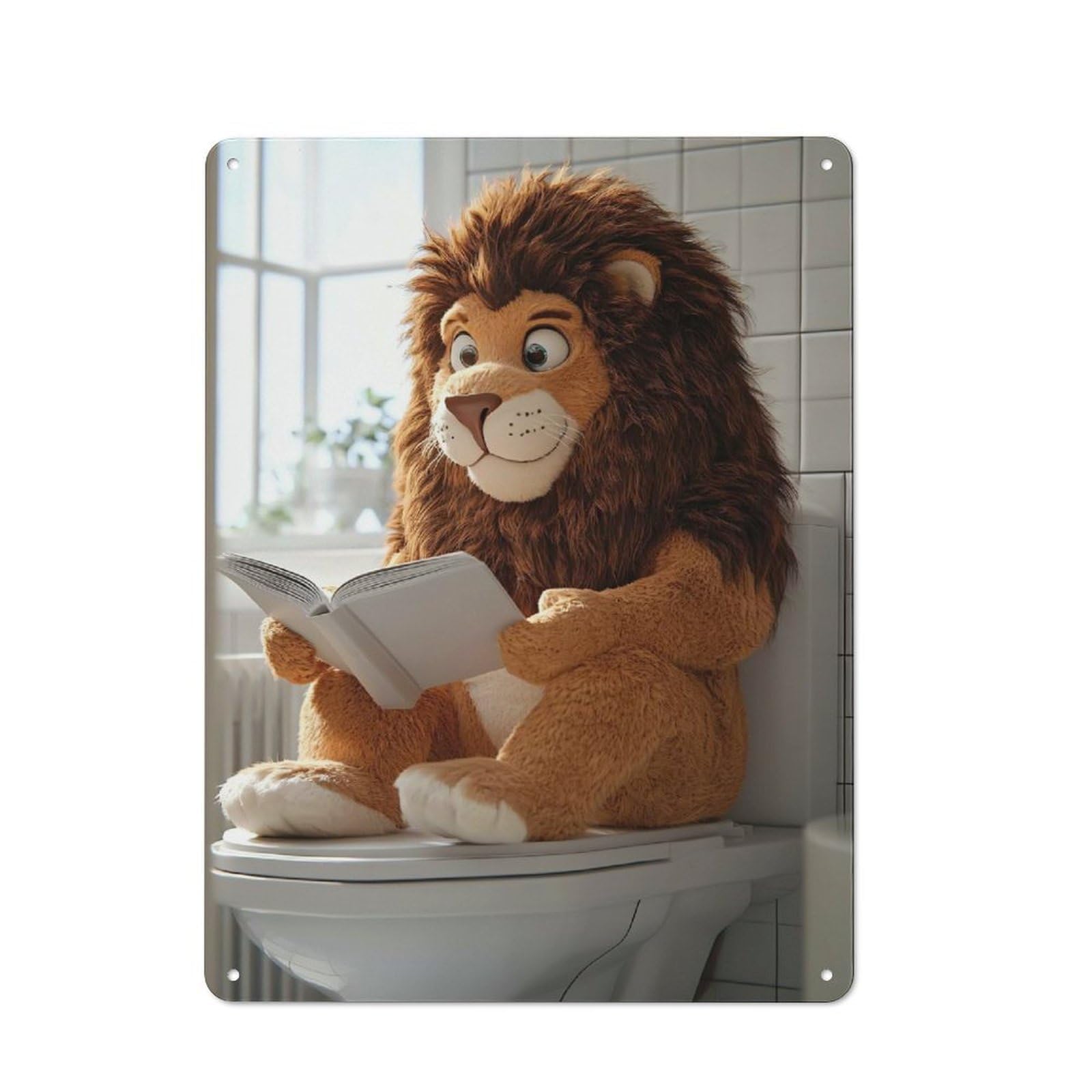 Junmoney Style-21 Country Style Kitchen Metal Sign 40X30cm Featuring Plush Lion Reading On Toilet, Diner Style Decor For Kitchen, Cafe, Pantry Or Dining Room