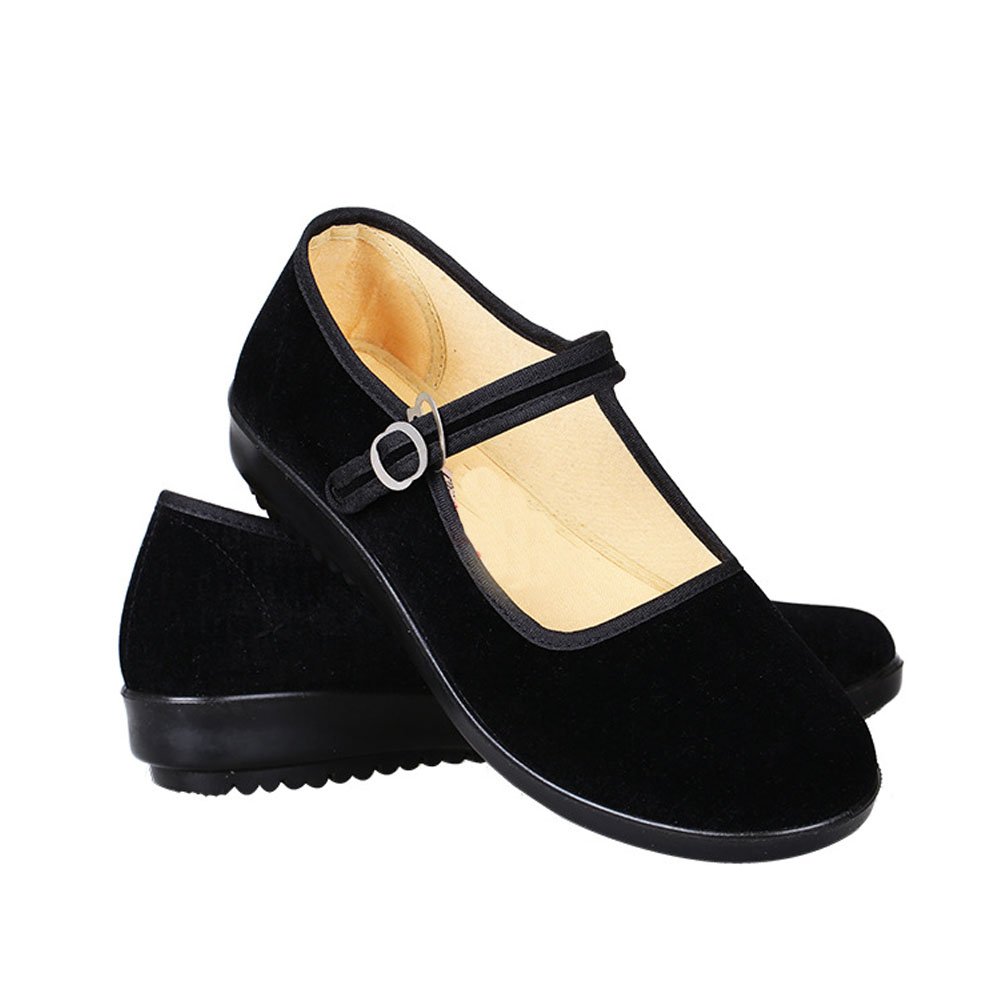 Black Cotton Mary Jane Dance Flat Old Beijing Cloth Walking Shoes for Women
