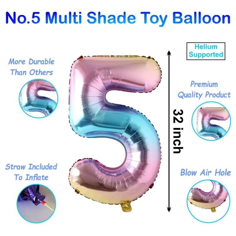 Image of Multicolor 32 Inches Numbers 5 Shape Large Big Foil Helium Balloons For Party Decorations In Happy Birthday Anniversary Office Items Materials Set Pack,1 Piece