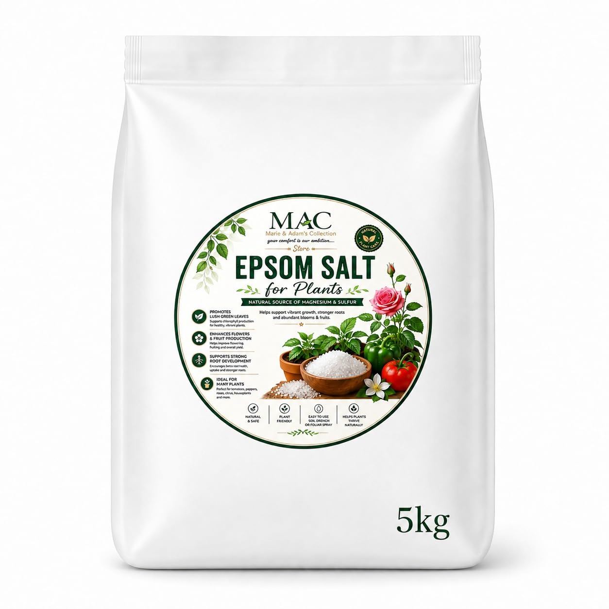 Epsom Salt for Plants 5kg โ Magnesium Sulphate Crystals for Roses, Tomatoes, Flowers, Vegetables, Houseplants, Greenhouse