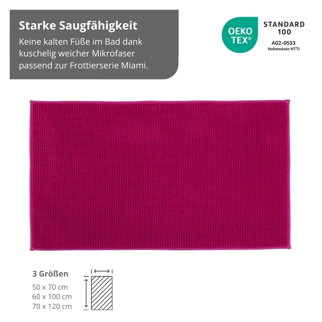 liebling Badematte, Badezimmerteppich rutschfest, Badteppich, Badvorleger, Duschvorleger, Badezimmermatte 70 x 120 cm, WC Deko, waschbar, Cyclam Pink, Serie Chile