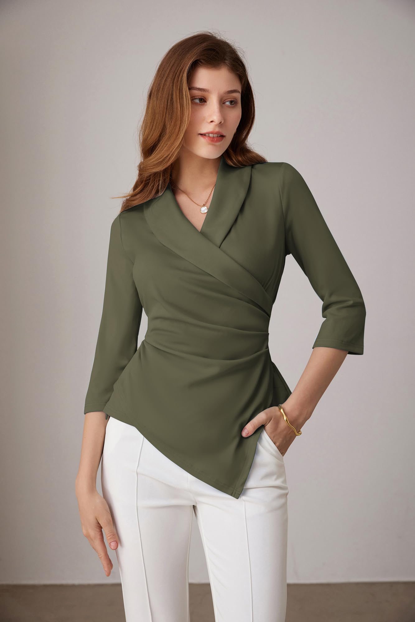 GRACE KARIN Top da donna con scollo a V, maniche a 3/4, camicia a tunica, elegante, plissettata, camicetta da ufficio casual