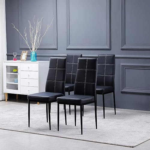 Miniatura 4 de Juego de 4 sillas de comedor elegantes con decoración de 6 rejillas, asiento de piel sintética y marco de metal, respaldo blanco cojín negro