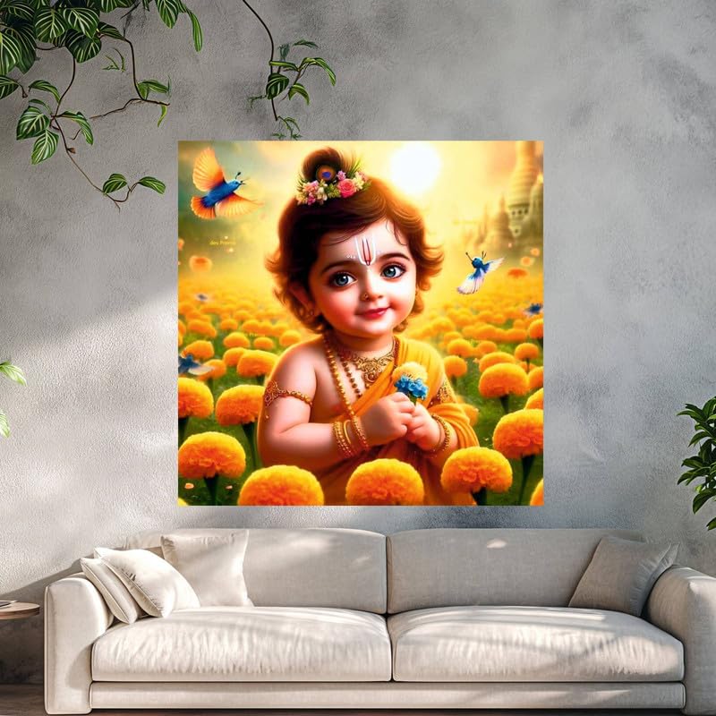 Image of British Terminal Cute little Bal Gopal Baby God Krishna| Kanha Ji | Laddu Lord Makhan Chor Painting Religious Poster for Pregnant Women for wall (matt thin vinyl,sticker,multicolor,unframed)| bj187