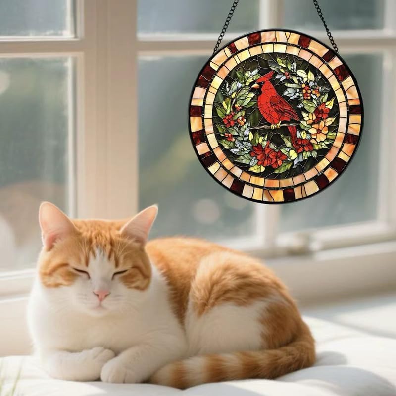 Red Cardinal Stained Glass Window Hanging Suncatcher, Round Bird Art with Floral Wreath, Decorative Window Ornament for Home, Garden & Memorial Gifts