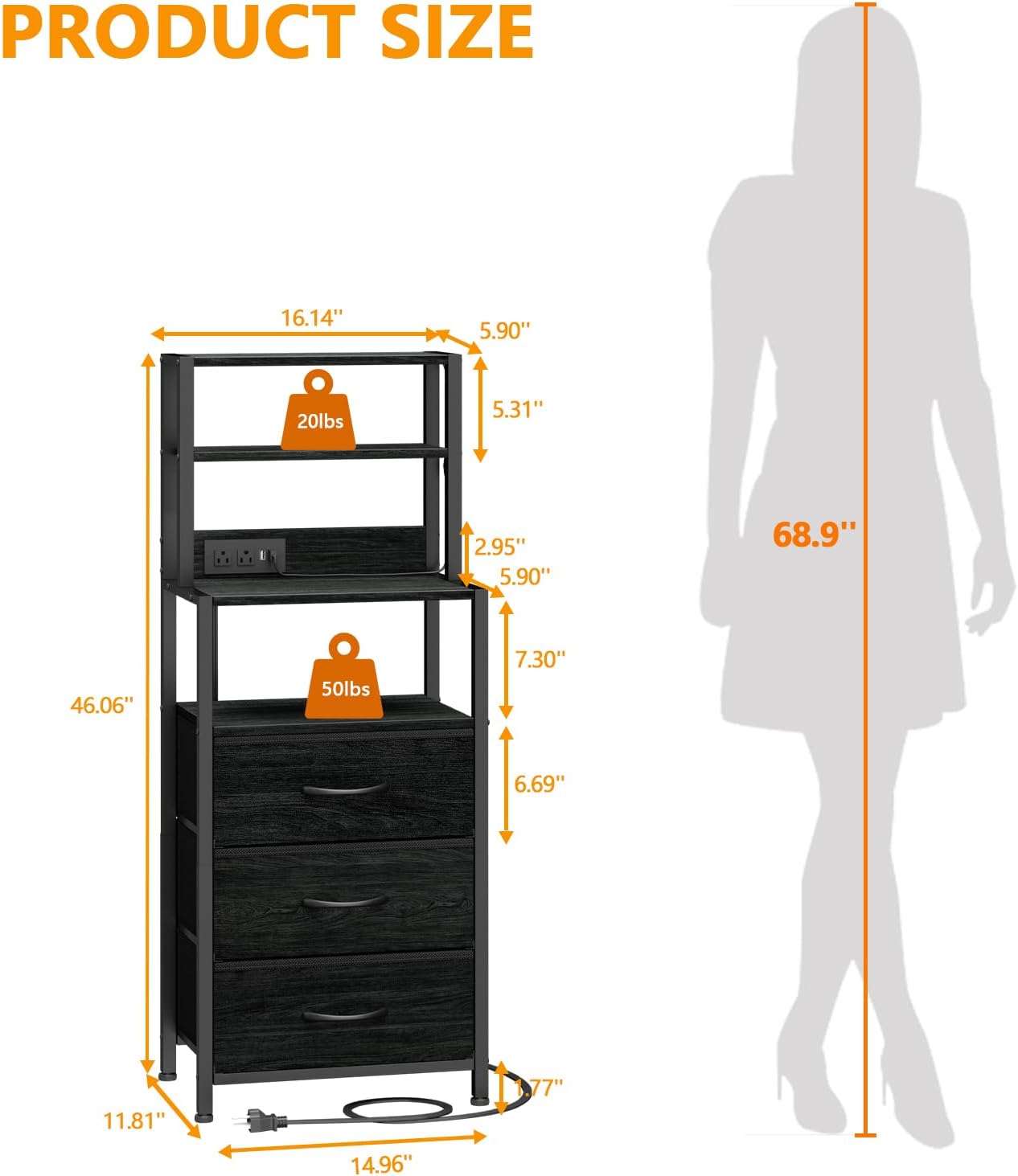 Furnulem Night Stand, Tall Nightstand with 4-Tier Shelves and 3 Fabric Drawers, LED Bed Side Tables with Charging Station, Bedside Table for Bedroom, Hallway, Home Office, Black Oak - Image 2