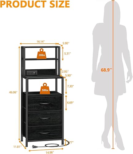 Miniatura 2 de Furnulem Mesita de noche alta con estantes de 4 niveles y 3 cajones de tela, mesas auxiliares de cama LED con estación de carga, mesita de noche