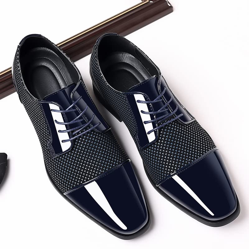 Men's Dress Shoes Oxfords Classic Lace-up Formal Patent Leather Tuxedo Shoes Business Wedding Derby Blue2