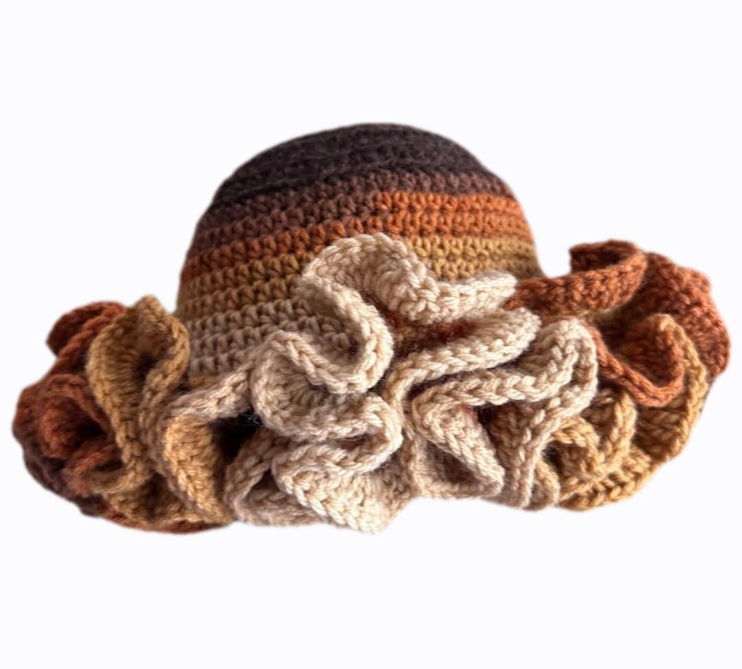 Handmade Crochet Ruffle Beanie Cap, Brown, Black, Beige and Mustard, Stretchable Yarn, One Size Fits All, for Teens and Adults-image-11