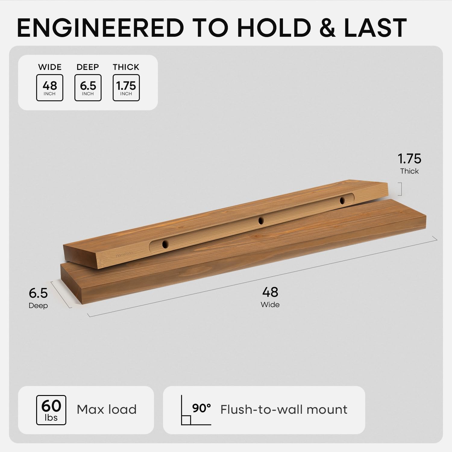 homeforia 48 inch golden oak floating shelf, high end solid real wood 48inch small floating shelves for wall mounted, oak wooden 48in floating shelves, heavy duty bracket, 48 x 6.5 x 1.75 in, set of 2 golden oak - light woodgrain pack of 2 48 inch