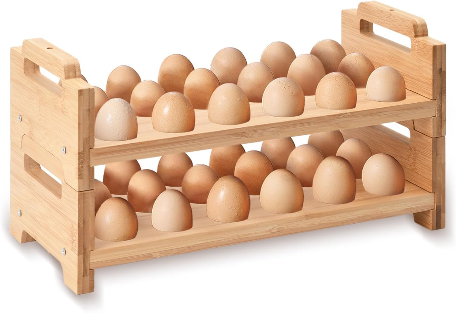 Soporte para huevos de madera de 2 niveles, cesta de huevos para recoger huevos frescos, bandeja de huevos en capas para encimera para 18 huevos, organizador de huevos de nivel para refrigerador de