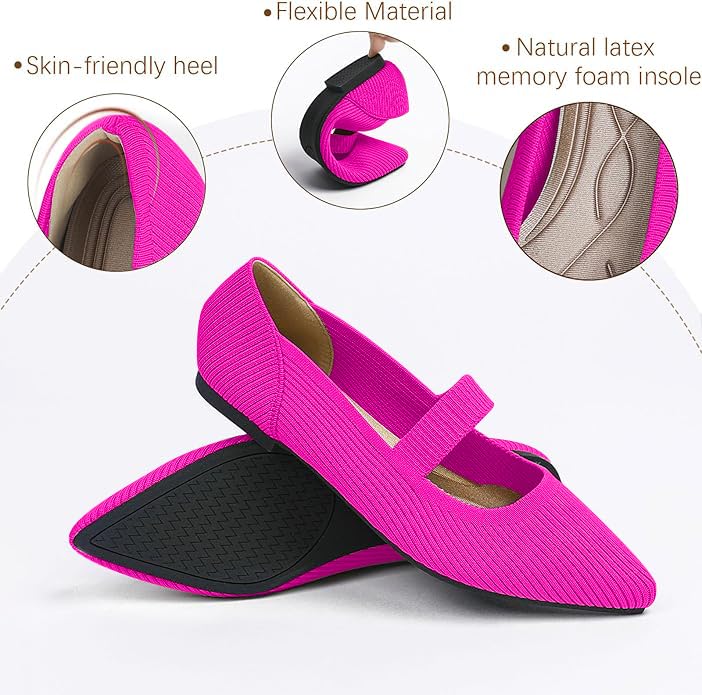 Image of TINGRISE Women's Flats Shoes Pointed Toe Knit Washable Ballet Comfortable Dressy Mary Jane Flat