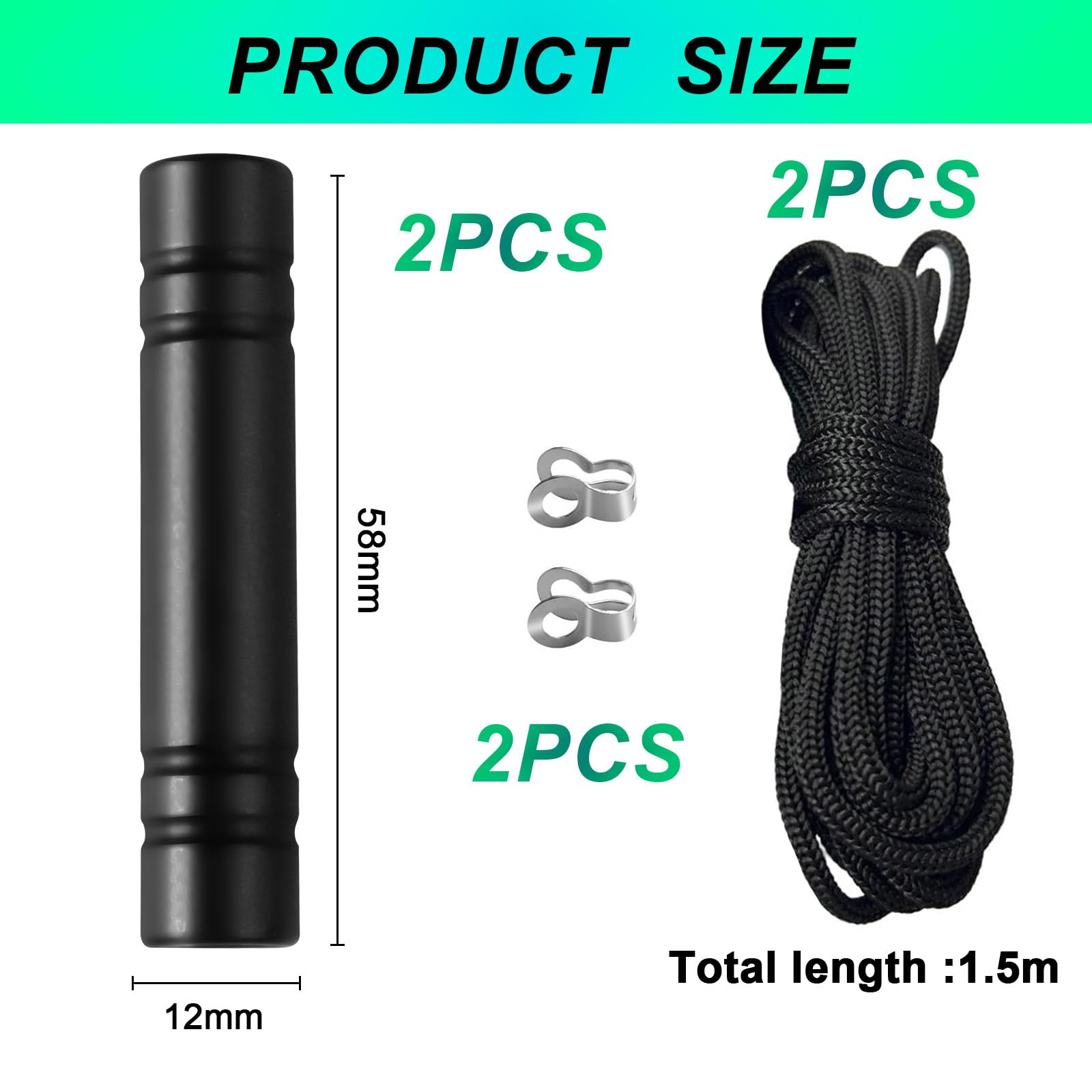 TXErfolg 2PCS Bathroom Light Pull Cord 5.8 * 1.2cm Pull Cord Handle with 150cm Light Pull Cord Extension Black Cylindrical Pull Cord Light String Handle Connector for Toilet Ceiling Lights Fan Switch - Image 2
