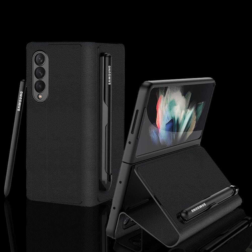 SHIEID Fold 3 Case Leather with S Pen Holder, Galaxy Fold 3 Case with Kickstand Anti-Scratch Protective Case Cover with Galaxy Z Fold 3 5G 2021, Black