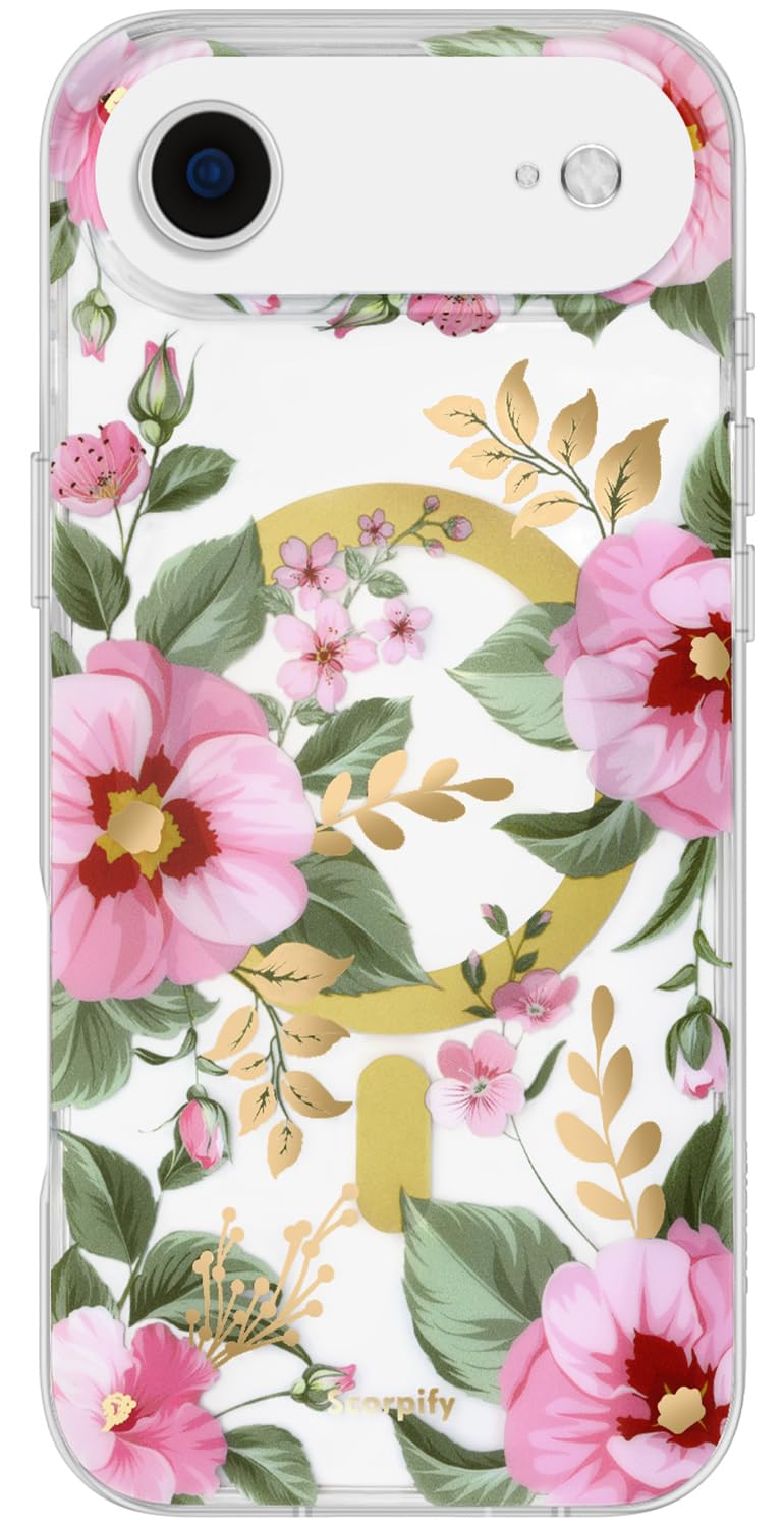 SCORPIFY for iPhone 17 Air Case [Compatible with MagSafe] with Pink Primrose Floral Design, Cute Clear Flower Magnetic Phone Cover for Women Girls, Slim Shockproof Bumper with Gold Accents