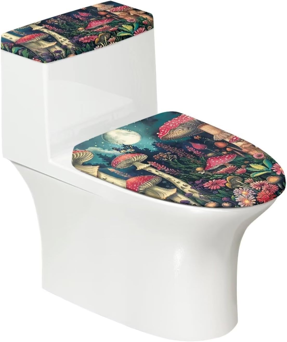 Cute Mushroom Print Toilet Seat Lid Cover Polyester Fabric Toilet Seat Covers for Bathroom Soft and Breathable Waterproof Toilet Seat Cover Set Universal for Most Toilet Bowl Lids