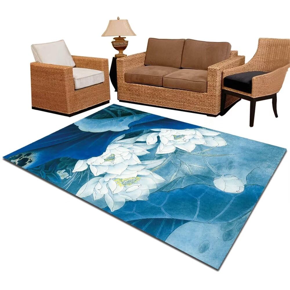 Tapis anti-acariens blanc et bleu 300x400 pour un salon sain et une chambre sans allergènes