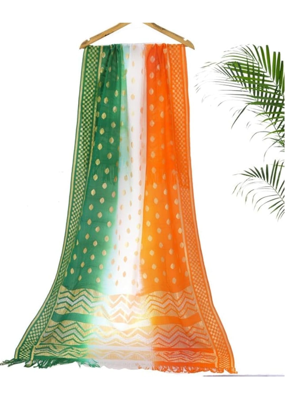 PMN Tricolour Dupatta with Gold Buti and Fringe Border-picture-31