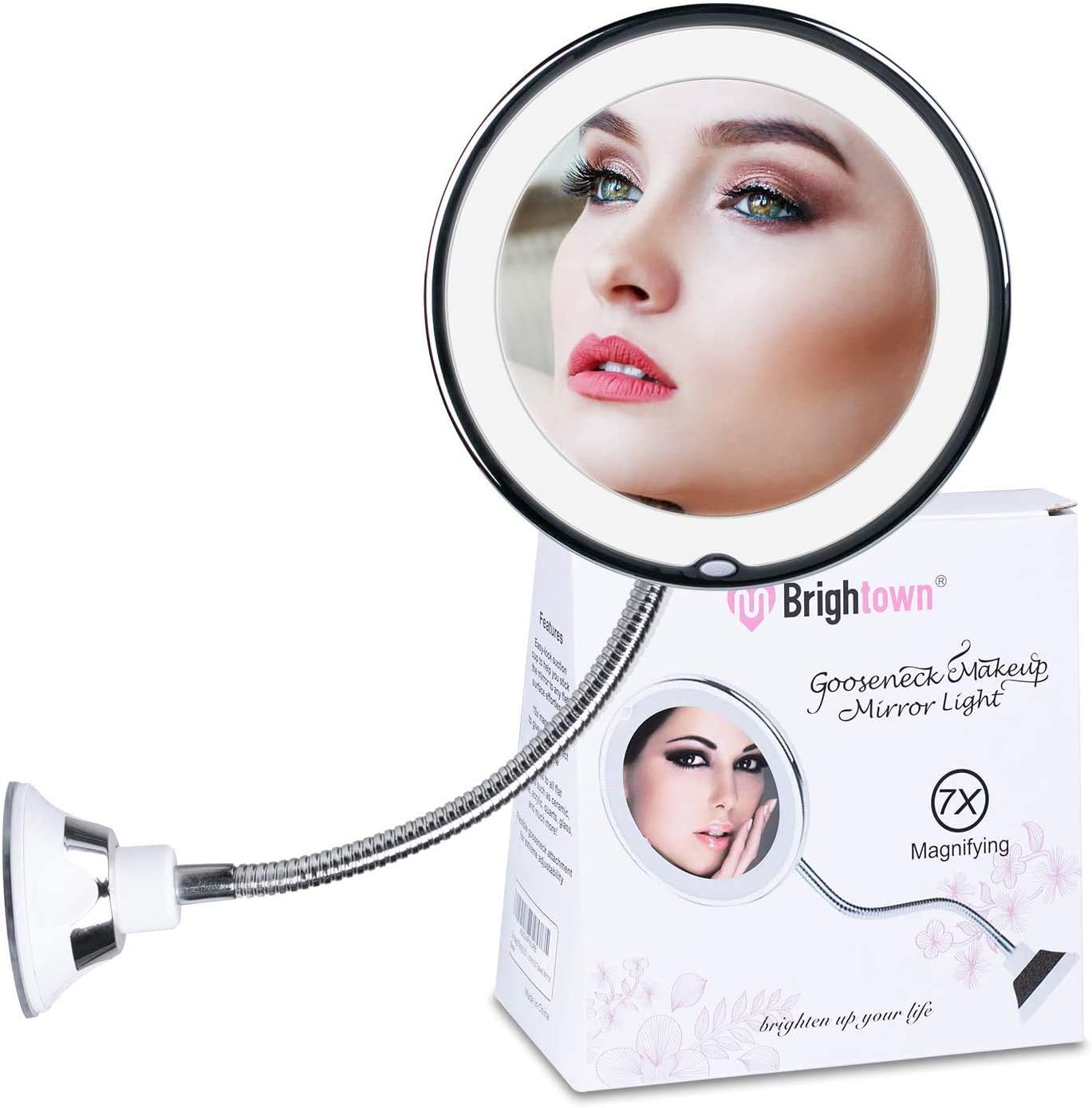 7X Magnifying Mirror with Lights, Flexible Mirror as seen on TV, Powerful Suction Cup, 360° Swivel Flexible Gooseneck Led Lighted Makeup Mirror for Bathroom Shaving Travel Vanity, Cordless -