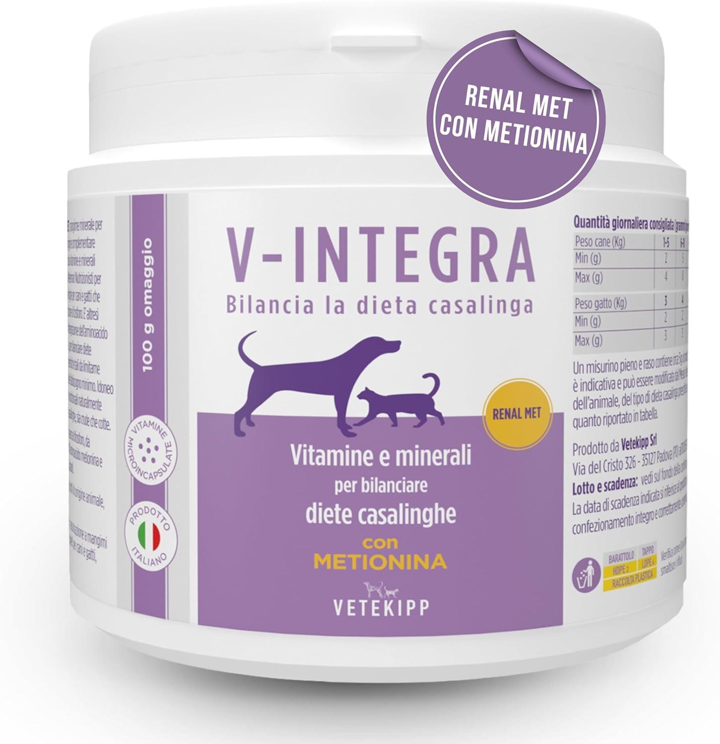 Renal Met (avec Méthionine) – Complément Alimentaire Complet Riche en Vitamines et Minéraux, pour l’Alimentation Maison des Chiens et Chats Nécessitant Une Restriction en Phosphore – 500g