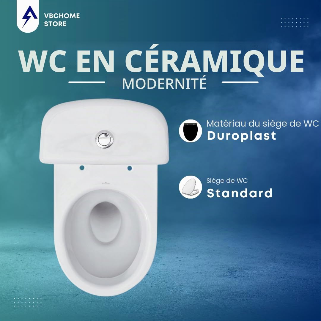 Merida Set WC complet en céramique avec réservoir de chasse et siège WC en polypropylène pour sortie d’eau horizontale