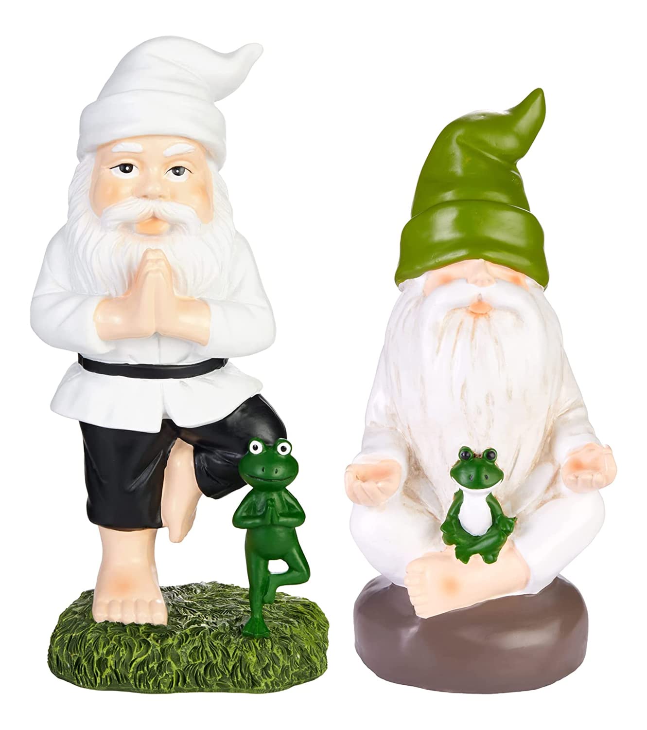 BRUBAKER Gartenzwerge Set Yoga Baum und Schneidersitz - Zwerge mit Frosch - Zen Gartenfigur Sport Figur Dekoration Wetterfest für Garten Campingplatz - Gartendeko Lustig Weiß für außen